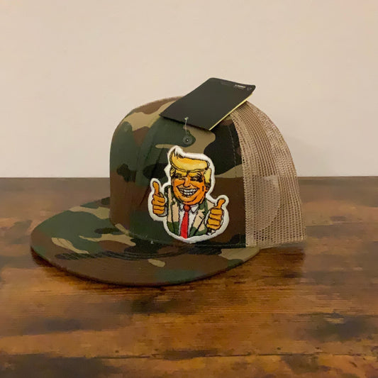 Trucker Style SnapBack Hat (Flatbill) - Thumbs up Trump (Camo w/ tan mess)